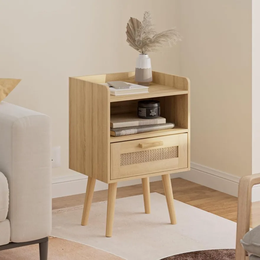 Rattan Nachttisch Schublade Holz Beine Schlafzimmer Wohnzimmer Eiche