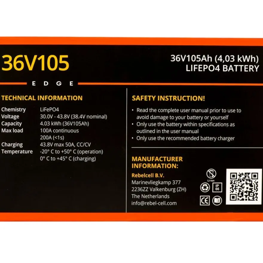 Rebelcell LiFePO4 Batterie 36V105 EDGE 3,8 kWh 36V 105Ah Sawesto