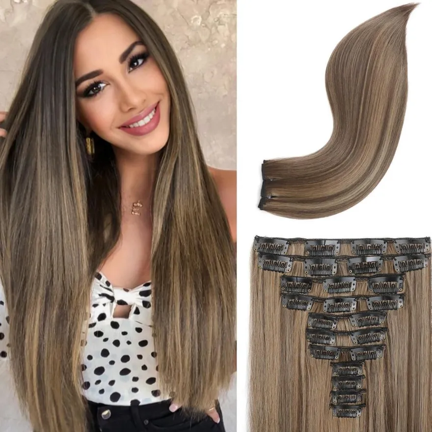REECHO Clip in Extensions Echthaar 11-teiliges Set 61cm Glatt Schokoladenbraun