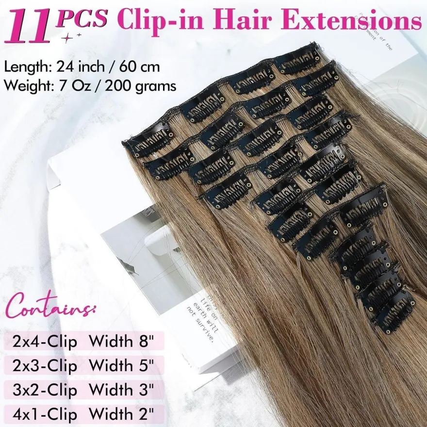REECHO Clip in Extensions Echthaar 11-teiliges Set 61cm Glatt Schokoladenbraun