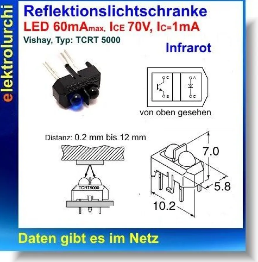 Reflektionslichtschranke Infrarot Vishay Typ: TCRT5000, Sendediode + Empfänger, 2St.