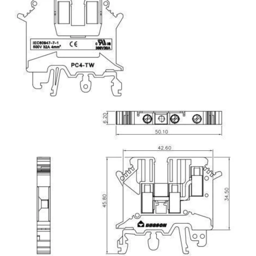 Reihenklemme 4mm2 3 Leiter PE Klemme Durchgangsklemme Grau UL 3466