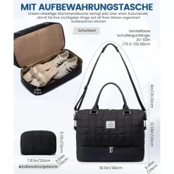Reisetasche Damen Leicht Weekender Handgepäck mit Schuhfach Nassfach Schwarz
