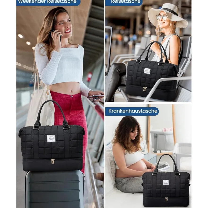 Reisetasche Damen Leicht Weekender Handgepäck mit Schuhfach Nassfach Schwarz