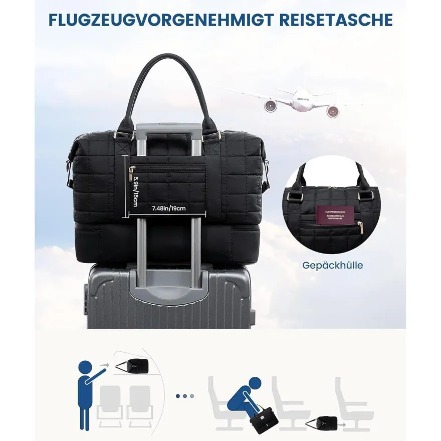 Reisetasche Damen Leicht Weekender Handgepäck mit Schuhfach Nassfach Schwarz