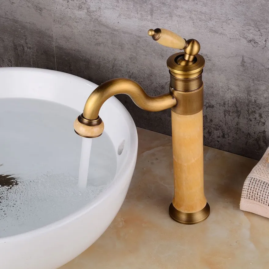 Retro Wasserhahn DA LAT - Messing + Marmor honig, ca. 32 cm Vintage Antik Armatur 360