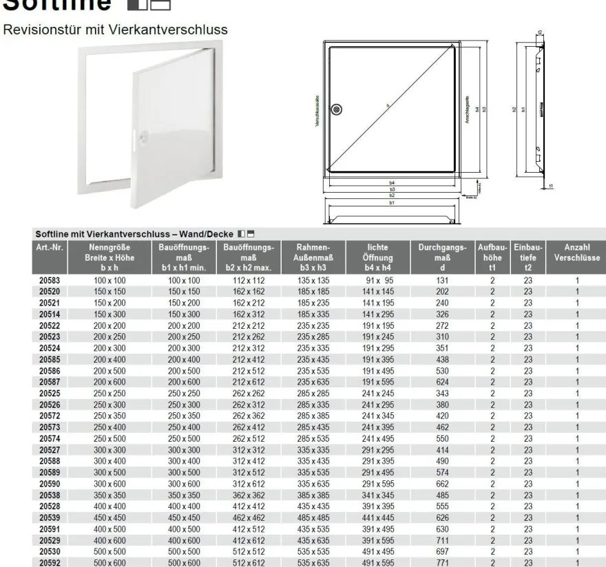 Revisionstür Softline weiß 250 x 300mm mit Vierkantverschluss