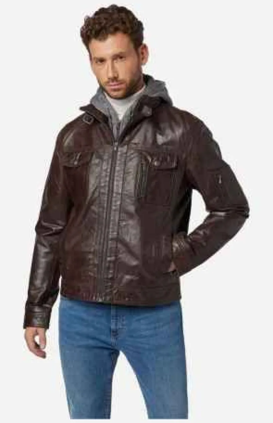 Ricano Rex Braun Herren Lederjacke Büffel Nappa Bikerjacke mit Kapuze Echtleder