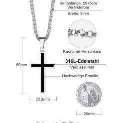 Richsteel Edelstahl Kreuz Anhänger Halskette Weizenkette Schwarz Silber Gold