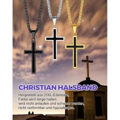 Richsteel Edelstahl Kreuz Anhänger Halskette Weizenkette Schwarz Silber Gold