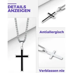 Richsteel Edelstahl Kreuz Anhänger Halskette Weizenkette Schwarz Silber Gold