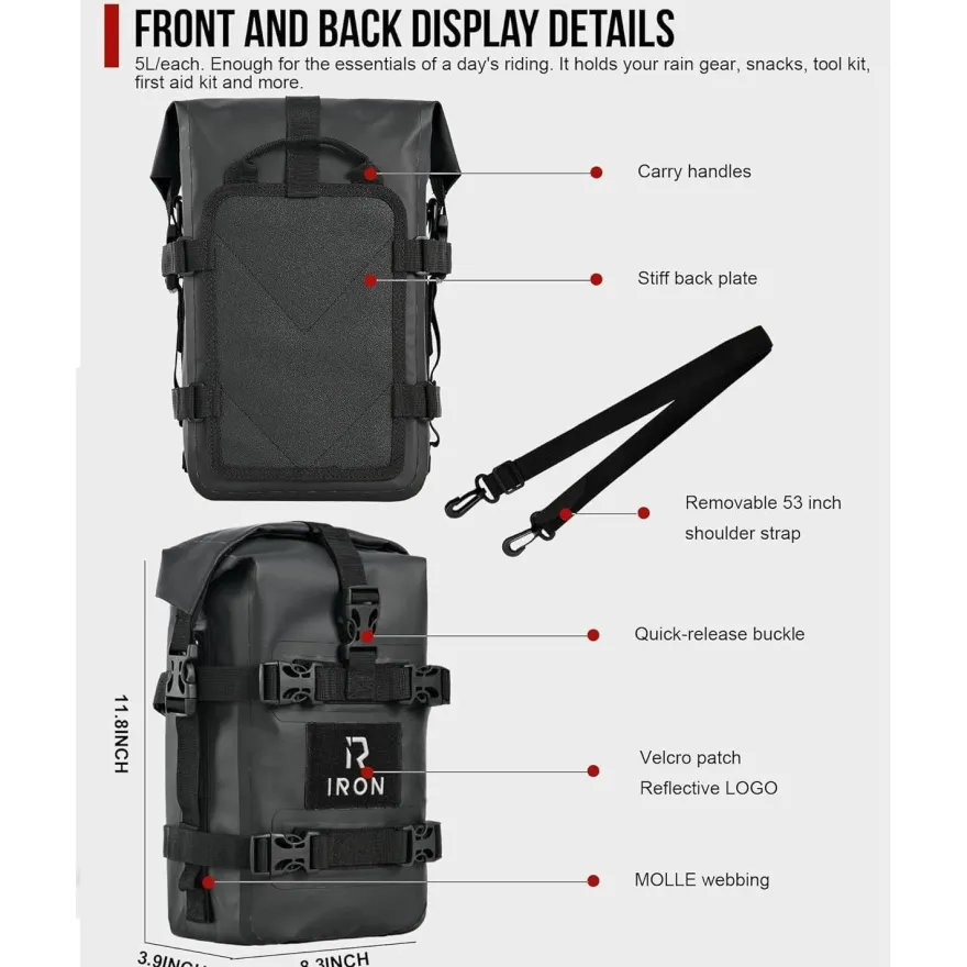 Rideiron Sturzbügeltaschen Motorrad - 2x5L wasserdichte Crash Bar Bags aus 500D
