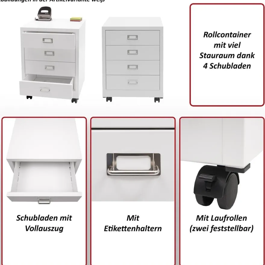 Rollcontainer HWC-L49, Schubladenschrank, Metall 55x40x41cm 4 Schubladen