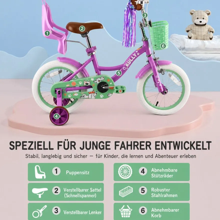Rully Kinderfahrrad 12/14/16 Zoll Bike - höhenverstellbar, Rücktrittbremse, tützräder