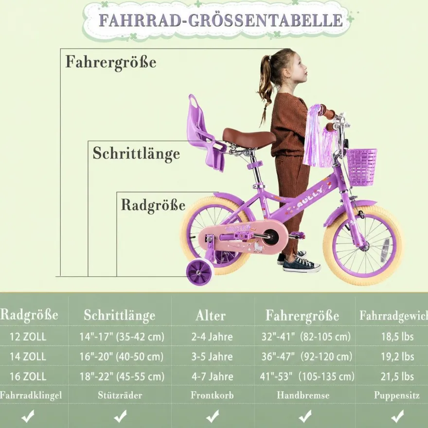 RULLY Kinderfahrrad 12/14/16 Zoll Bike -höhenverstellbar, Stützräder, Rücktrittbremse