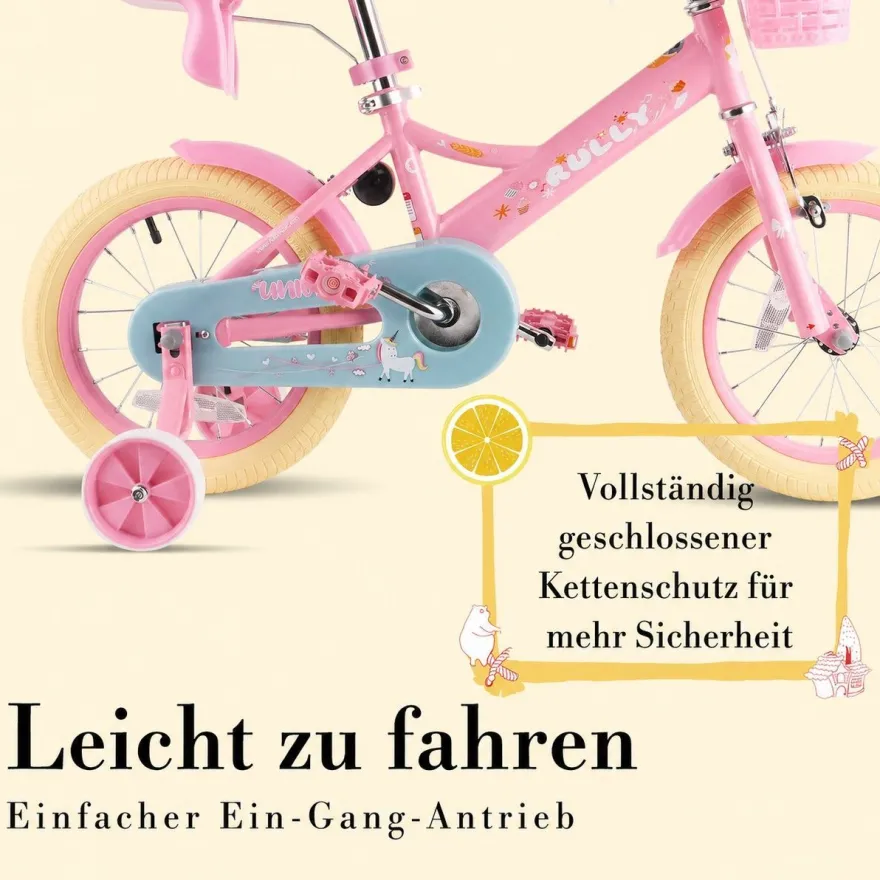 RULLY Kinderfahrrad 12/14/16 Zoll Bike -höhenverstellbar, Stützräder, Rücktrittbremse