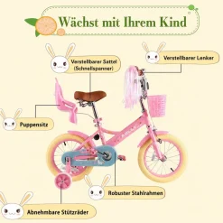 RULLY Kinderfahrrad 12/14/16 Zoll Bike -höhenverstellbar, Stützräder, Rücktrittbremse