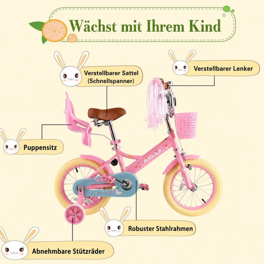 RULLY Kinderfahrrad 12/14/16 Zoll Bike -höhenverstellbar, Stützräder, Rücktrittbremse