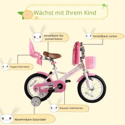 RULLY Kinderfahrrad 12/14/16 Zoll Bike -höhenverstellbar, Stützräder, Rücktrittbremse