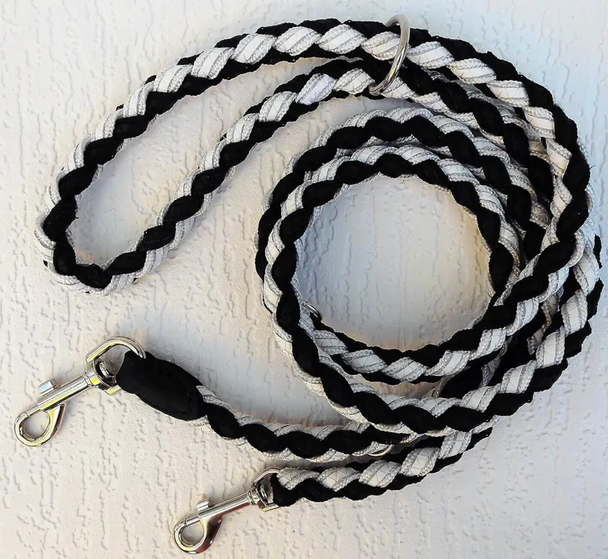 Runde Hundeleine geflochten, 200cm/16mm, 3xverstellbar Echt LEDER mit Weiß