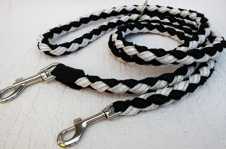 Runde Hundeleine geflochten, 200cm/16mm, 3xverstellbar Echt LEDER mit Weiß
