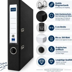 SAD PP Kunststoffordner 5cm DIN-A4 Ordner schmal schwarz - Aktenordner perfekten Abla