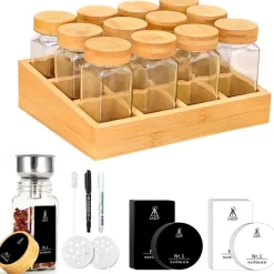 SAEIV Gewürzregal Holz Bambusfächern 12 Gläsern 120ml Organizer
