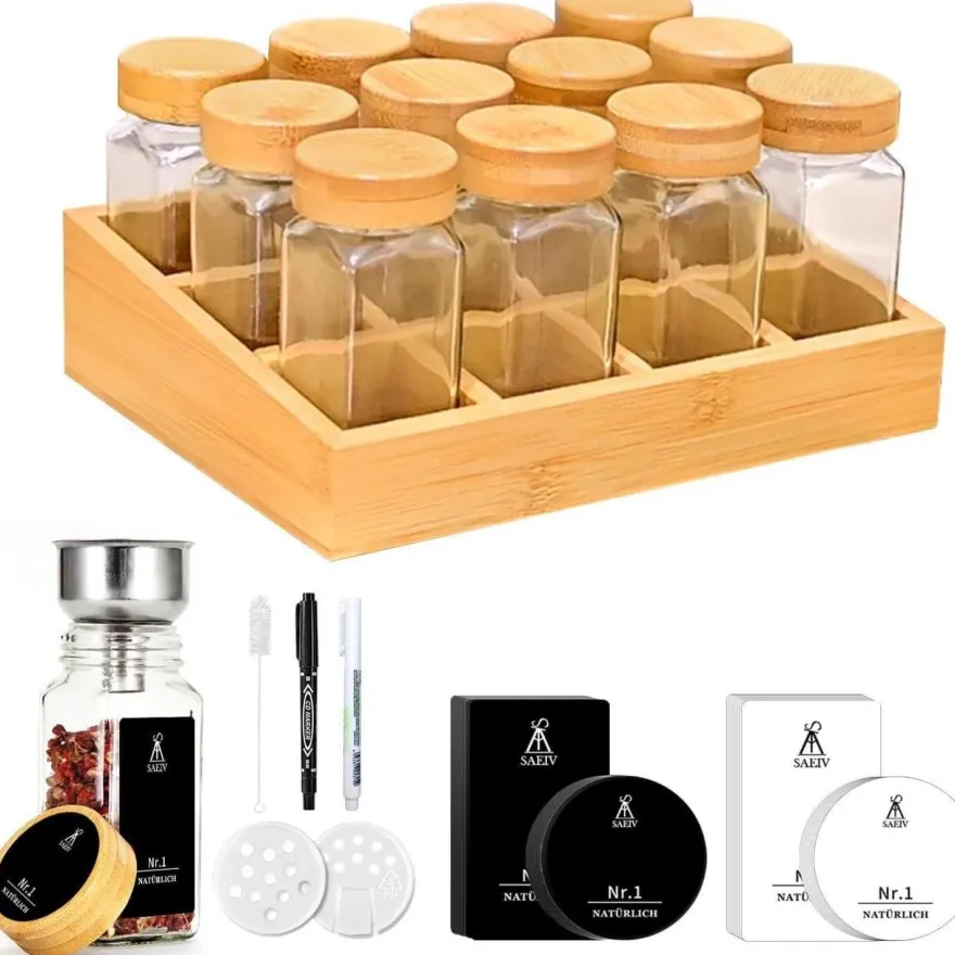SAEIV Gewürzregal Holz Bambusfächern 12 Gläsern 120ml Organizer