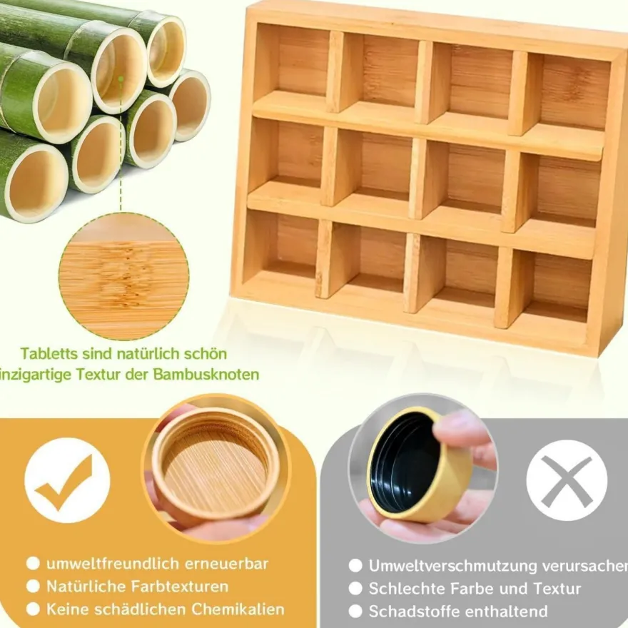 SAEIV Gewürzregal Holz Bambusfächern 12 Gläsern 120ml Organizer