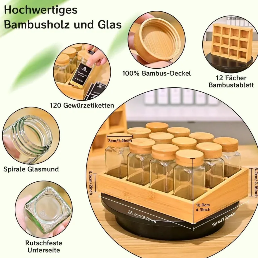 SAEIV Gewürzregal Holz Bambusfächern 12 Gläsern 120ml Organizer