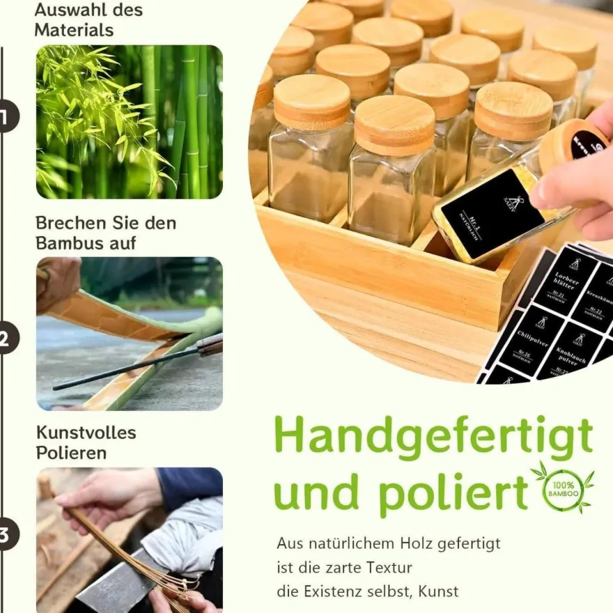 SAEIV Gewürzregal Holz Bambusfächern 12 Gläsern 120ml Organizer