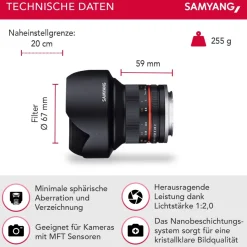 Samyang Weitwinkel Objektiv 12mm F2.0 APS-C OM-D E-M1 III OM-D DC-G91 Schwarz