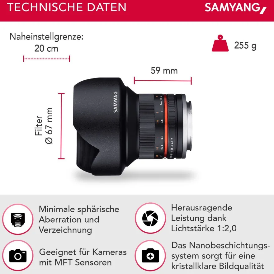 Samyang Weitwinkel Objektiv 12mm F2.0 APS-C OM-D E-M1 III OM-D DC-G91 Schwarz