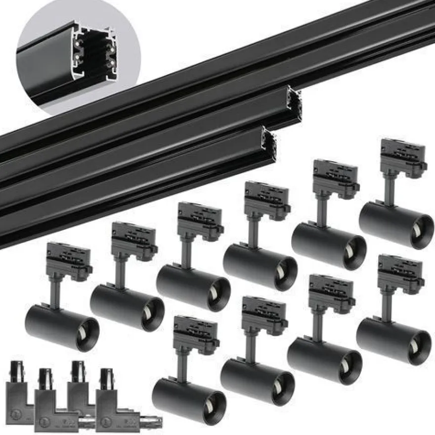 Schienensystem Komplett-Set 2x2m+2x1m Schiene, 4x L-Verbinder, 10x Lampe Schwarz