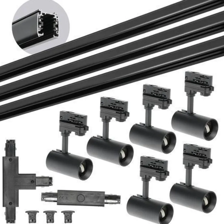 Schienensystem Komplett-Set 3x1m, T-Verbinder, I-Verbinde 6x Lampe, 3x Kappe