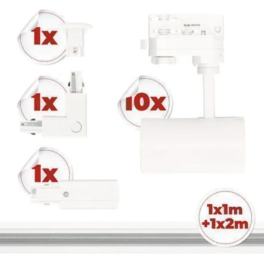 Schienensystem 10x GU10 Lampe 1m Schiene 2m Schiene L-Verbinder Netzteil, Kappe Weiß