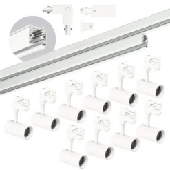 Schienensystem 10x GU10 Lampe 1m Schiene 2m Schiene L-Verbinder Netzteil, Kappe Weiß
