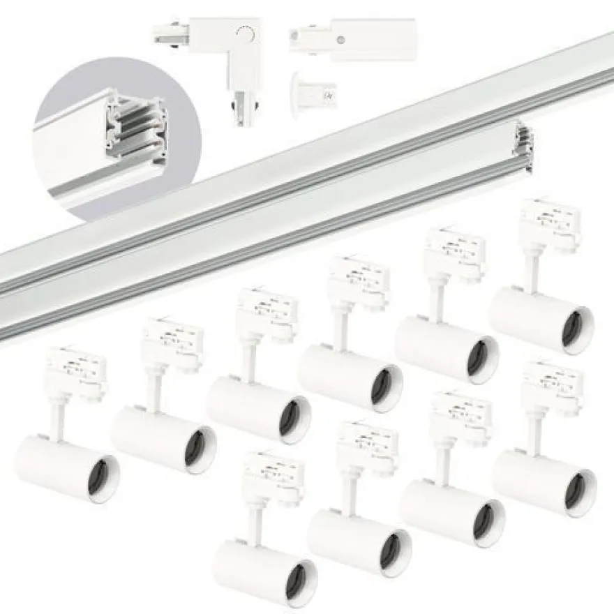 Schienensystem 10x GU10 Lampe 1m Schiene 2m Schiene L-Verbinder Netzteil, Kappe Weiß