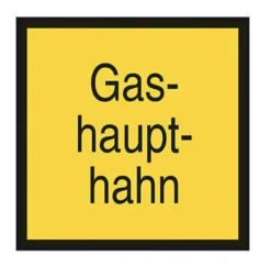 Schild Aufkleber Gashaupthahn Folie selbstklebend gelb 200x200 mm Gasleitung