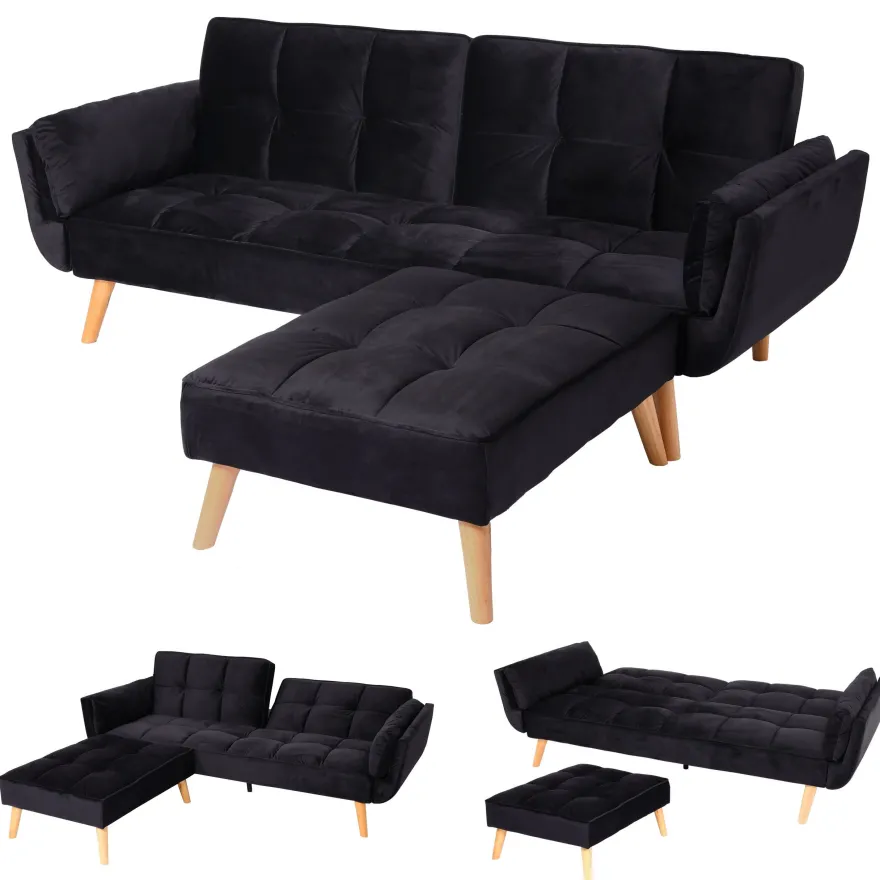 Schlafsofa HWC-K18 mit Ottomane, Couch Sofa Gästebett, Schlaffunktion 218x175cm