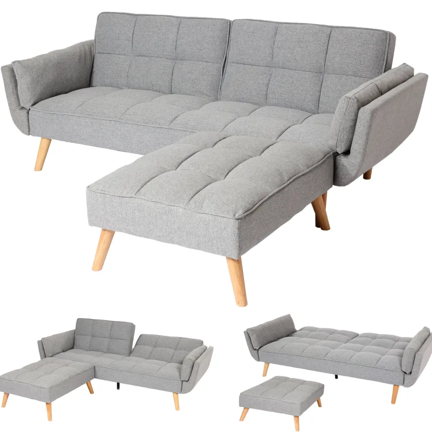 Schlafsofa HWC-K18 mit Ottomane, Couch Sofa Gästebett, Schlaffunktion 218x175cm