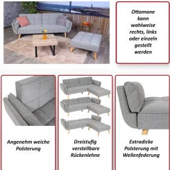Schlafsofa HWC-K18 mit Ottomane, Couch Sofa Gästebett, Schlaffunktion 218x175cm