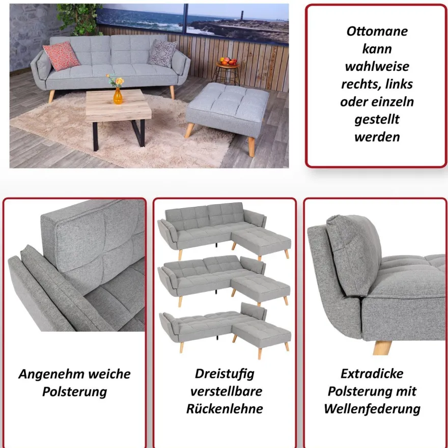 Schlafsofa HWC-K18 mit Ottomane, Couch Sofa Gästebett, Schlaffunktion 218x175cm