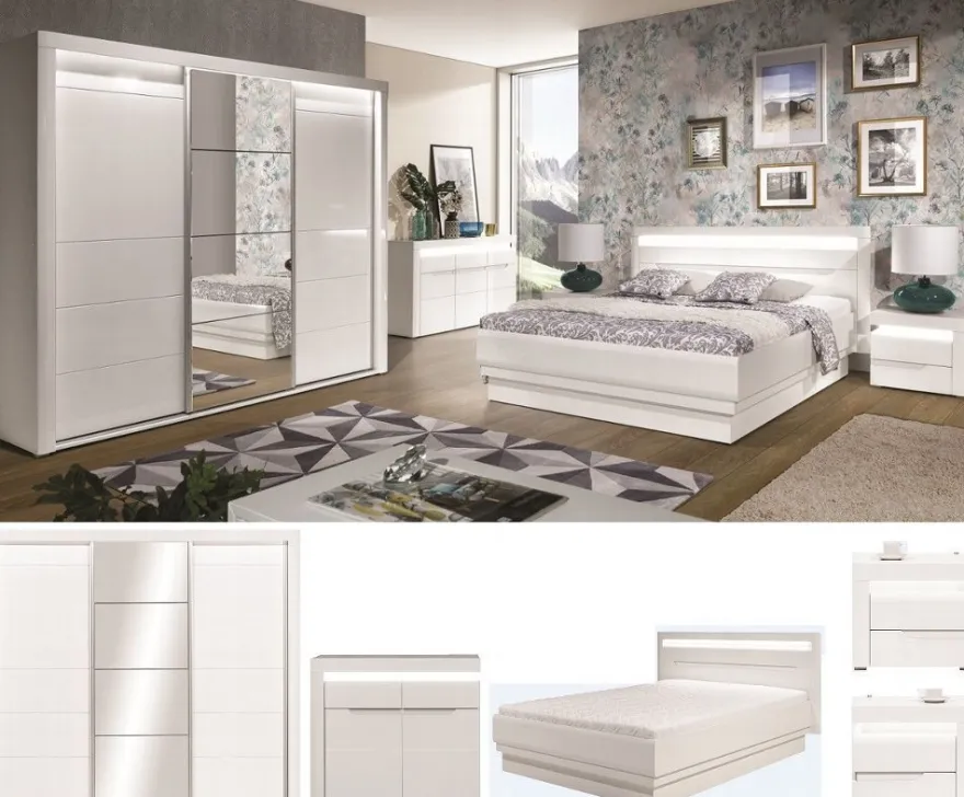 Schlafzimmer komplett weiß hochglanz IRIS Set C Schwebetürenschrank Bett Kommode