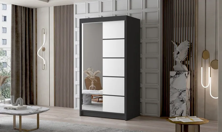 Schlafzimmerschrank LETTO III 100 mit Spiegel - Kleiderschrank Schiebetüren Schrank
