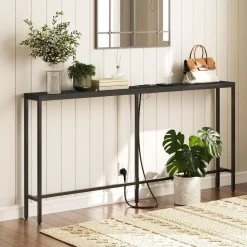 Schmaler Konsolentisch mit USB-Ladestation, 160 cm, Schwarz - Wohnzimmer Flur