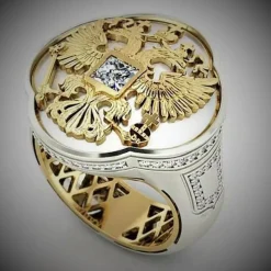 Schöner Herren Siegelring mit Doppel Adler Silber/Gold Plated Größe 62 (CM010326)