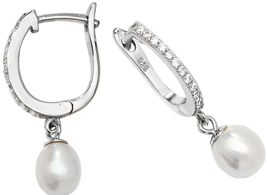 Schöne 925 Sterling Silber Damen - Paar Ohrringe mit Zirkonia, Süßwasser-Zuchtperle