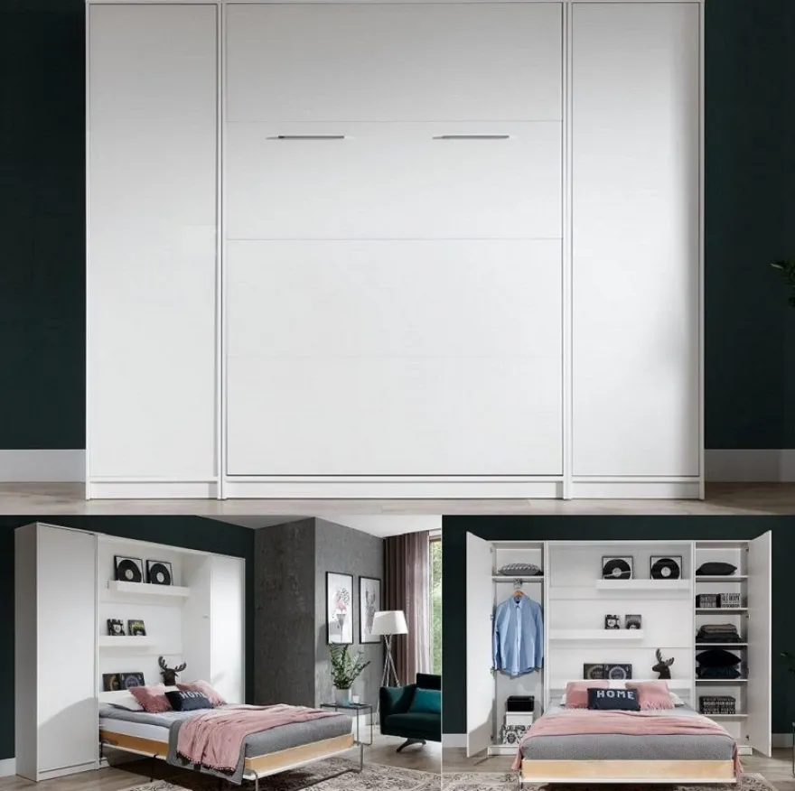 Schrankbett Wandbett Klappbett vertikal VB90/120/140 x 200 mit 2Schränken weiß sonoma
