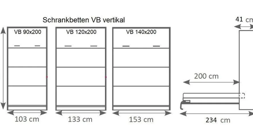 Schrankbett Wandbett Klappbett vertikal VB90/120/140 x 200 mit 2Schränken weiß sonoma